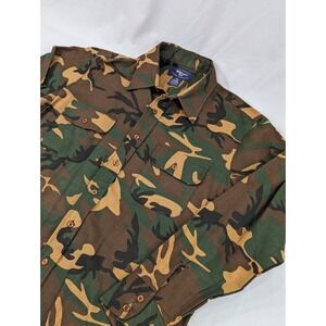 Vintage Camo Shirt Mens L All Over Print Button Up Deer Hunting Long Sleeve 90s